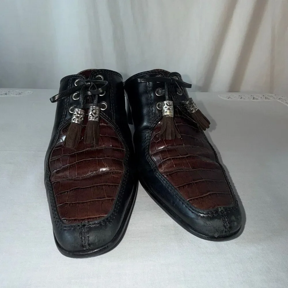 Vintage Brighton Tassle Mules‎ 8.5M Croc Embossed Black Brown Leather Heels Boho